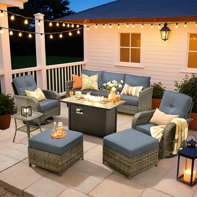 HOOOWOOO Outdoor Patio Furniture Set,7 Pieces Wicker Conversation Set,All Weather Couch Set with Fire Pit Table Swivel Chairs Ottoman 7 Seaters for Out Door Yard(Denim Blue)