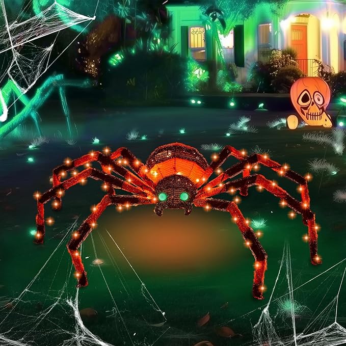 4.2Ft Giant Spider Halloween Decorations Outdoor 52" Light Up Spider with 90 LED Lights for Front Yard, Porch, Garden, Lawn, Halloween Party (Orange)