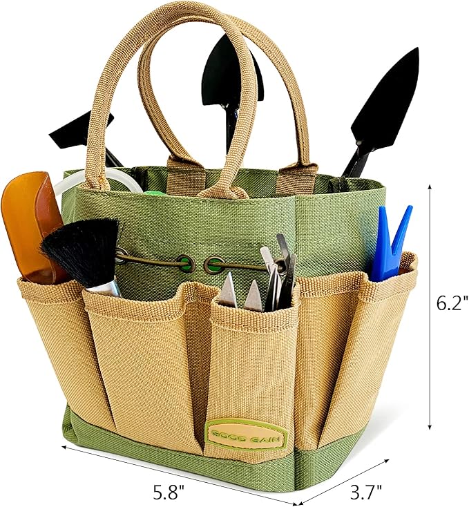 G GOOD GAIN Garden Succulent Kit with Organizer Bag, 14 Pieces Succulent Tools, Indoor Mini Hand Gardening Tools Set with Carrier for Bonsai Planter Miniature Fairy Planting Care(Green)