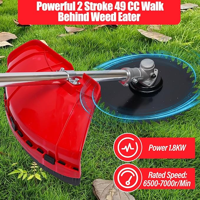 Weed Wacker, 2 Stroke 49 CC Gasoline Weed Eater, 6500-7000R/Min Hand Push Weed Wacker, 0.95L Small Weed Wacker, can Folded Rear Wheel, for Mountains, Hills, Plains, Orchards Etc