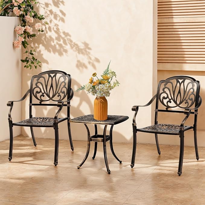 Outvita Patio Side Table, 21.3in Outdoor Square Cast Aluminum Bistro Table with Umbrella Hole and Antique Design for Backyard Porch Pool Balcony Deck Bronze