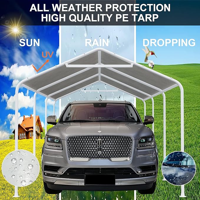 10 x 20 Ft Carport Replacement Canopy Cover Garage Top Tent Shelter Tarp with Free 44 Ball Bungee Cords,Grey(Only Cover, Frame Not Include)