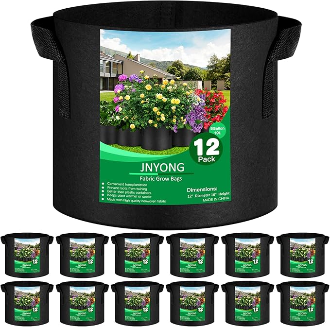 12-Pack 5 Gallon Thickened Non-Woven Grow Bags, Aeration Fabric Pots with Handles