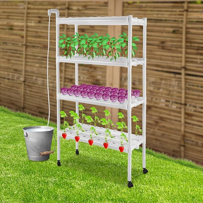 Hydroponics Growing System with Water Pump and Timing, 4 Layers Hydroponic Vegetable Growing Kit 108 Sites Food-Grade PVC-U Pipes for Fruits, Vegetables, Herbs
