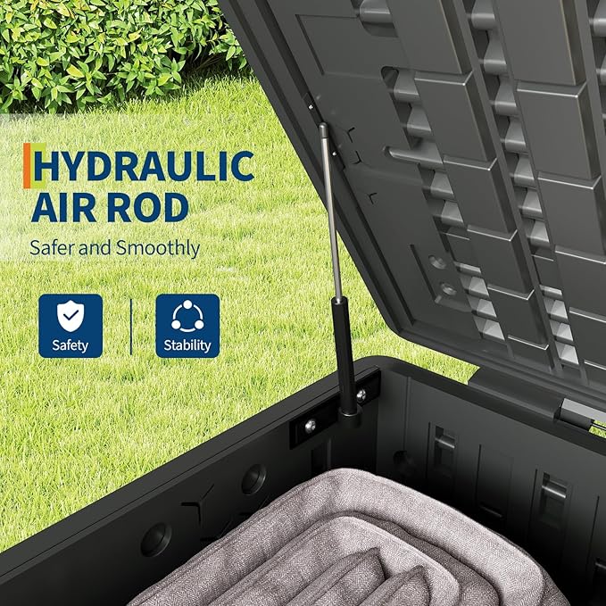 130 Gallon Outdoor Waterproof Storage Box Lockable Outdoor Storage Boxes Deck Storage Boxes for Package Delivery Deck Boxes for Patio Furniture, Garden, Tools - Faux Wood Grain Black