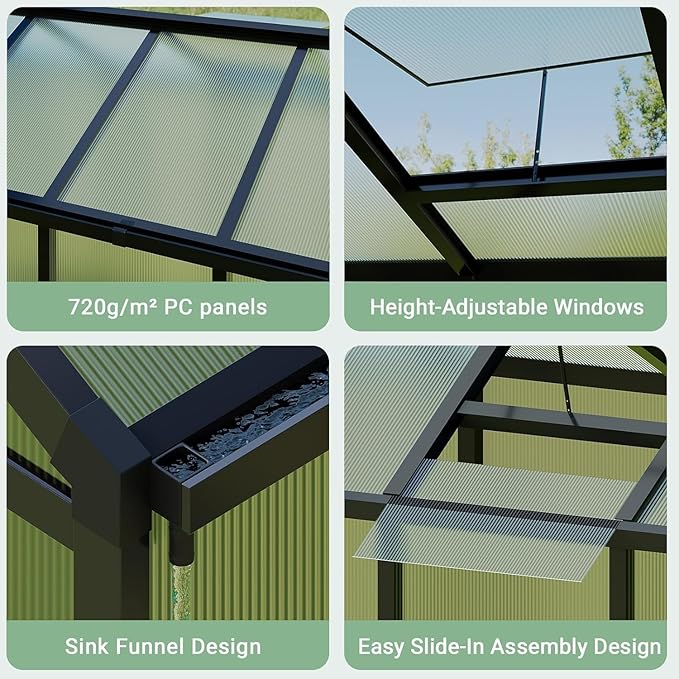 Greenhouse, 6x10 Ft Outdoor Greenhouses with Roof Vents and Sliding Doors, Aluminum Frame Polycarbonate Accessible Greenhouses, Suitable for Outdoor Gardens and Backyards, Black
