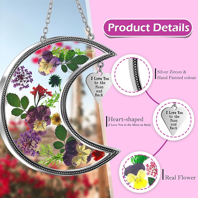 KY&BOSAM Moon Suncatcher I Love You to The Moon and Back Stained Glass for Window Hangings Wind Chime Decor with Pressed Real Flower and Metal Charm Birthday Gift for Women Mom Mother`s Day Christmas