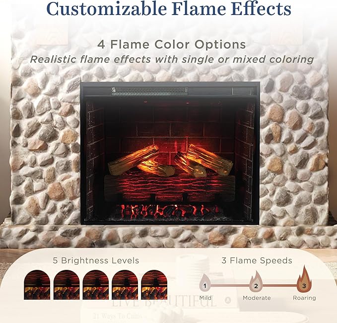 Country Living - Glenbrook Fireplace Mantel Package, 28”, Alexa/WiFi Enabled Fireplace Insert, Cast Stone River Rock Surround, 1500W