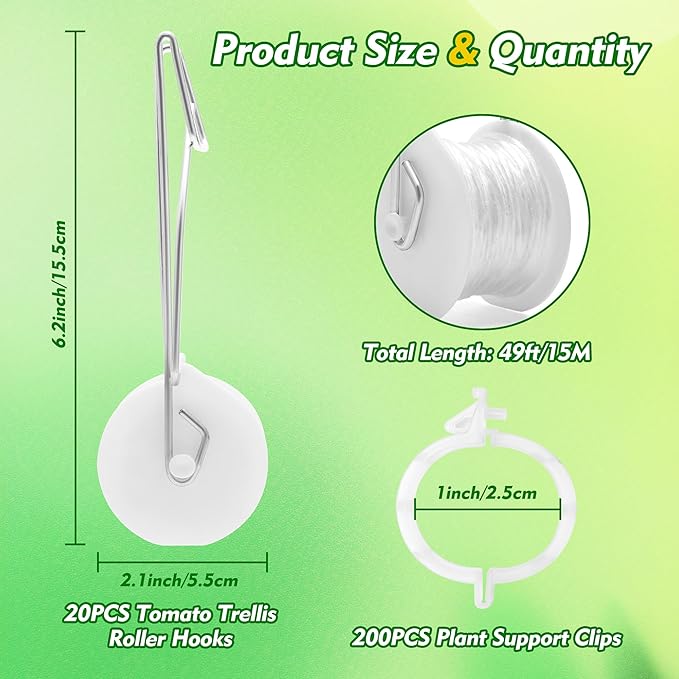 Coitak 20PCS Tomato Roller Hooks with 200PCS Tomato Support Clips, Plant Climbing Hook with 50ft String for Tomato Flower Vine Crop Trellis Kit