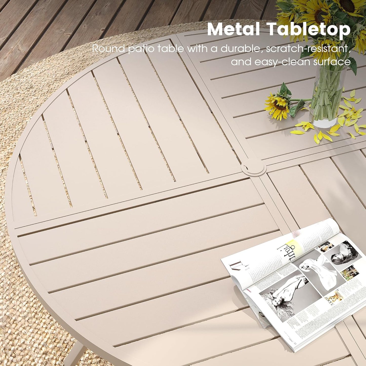 DIFY 53.1" Round Outdoor Patio Dining Table for 6-8, All-Weather Metal Steel Slatted Patio Table with 1.57" Adjustable Umbrella Hole, for Lawn Garden Porch Backyard, Sandshell