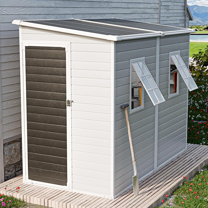 CDCASA 4x8 FT Resin Lean to Shed, Waterproof Outdoor Storage Sheds with Floor & Adjustable Openable Windows, Outside Plastic Tool Shed for Backyard Patio Poolside Garden, Gray