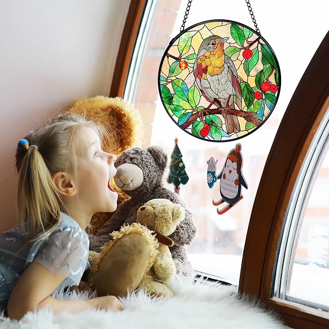TNUW Bird Stained Glass Window Hanging, Bird Botanical Sun Catchers Indoor Window Glass Round Wall Art Decor, Birds Lover Gifts Wall Hanging Decorations, 7.9＂x7.9＂