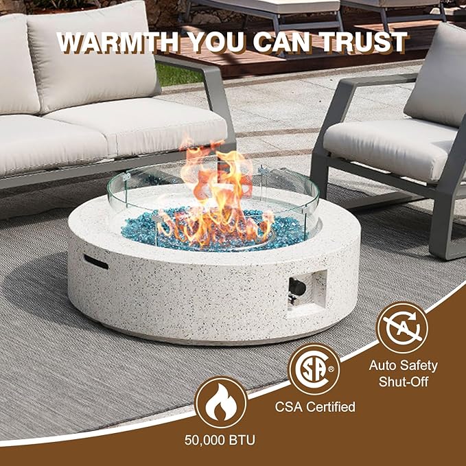 3-Piece Outdoor Propane Fire Pit Table Set – Premium Terrazzo-Like MgO Finish, Round Gas Fire Table with Tank Table & Glass Wind Guard for Patio, Garden & Backyard, Includes Rain Cover & Glass Beads