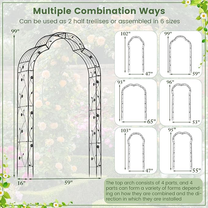 Moccha 2 Sides Garden Arch Arbor Trellis, 8.2FT Metal Archway for Climbing Plants Roses Vines, Outdoor Pergola Trellis with 6 Styles & Sharp Ends, Garden Arbor for Backyard Wedding Party Ceremony