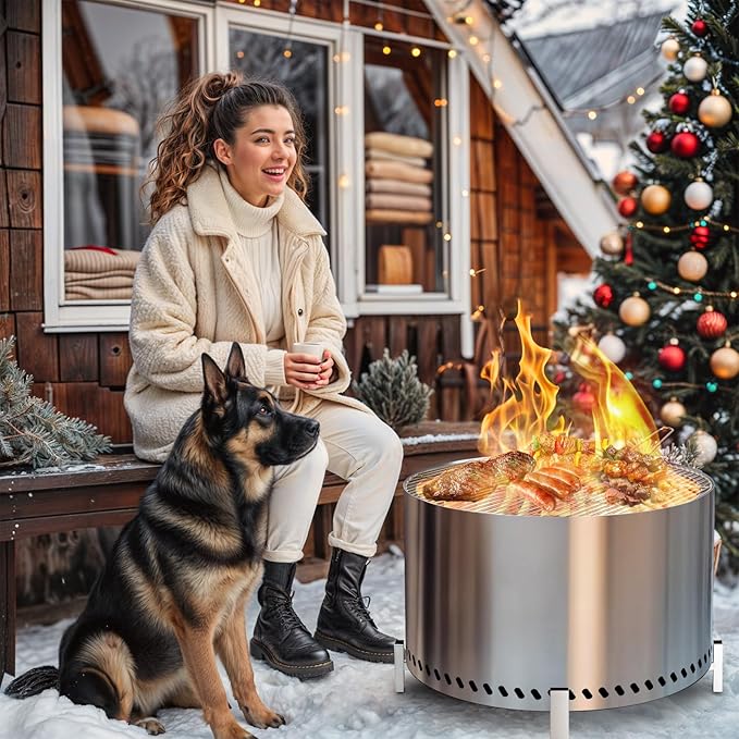 HGD 27.5" Smokeless Firepit with Stand & Grill Rack, Large Stainless Steel Wood Burning Fire Pit for Friends & Family Gatherings, Secondary Combustion Outdoor Patio Stove for Garden BBQ & Bonfire