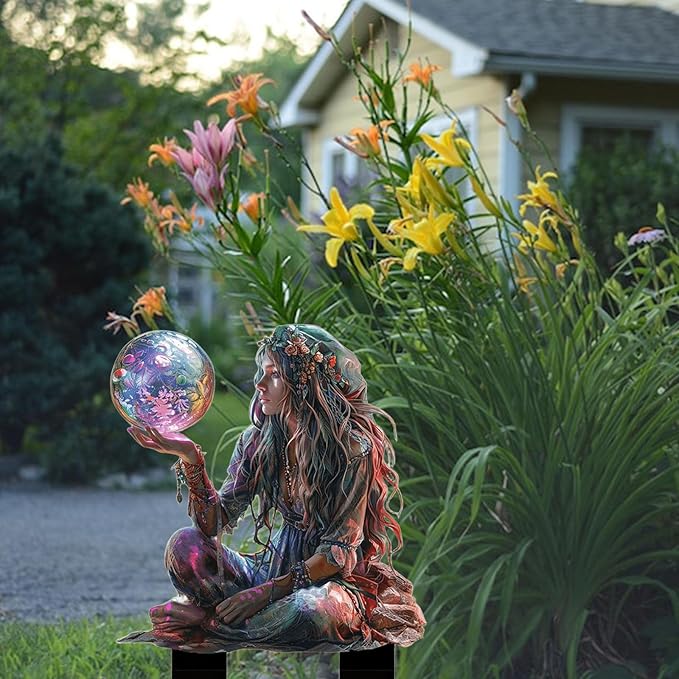 Fairy Garden Stake Decor, 2D Flat Acrylic Fairy Garden Decor Panel, Elf Yard Sign for Outdoor Indoor Yard Lawn Plants Pots, Fairy Garden Accessories (Maiden with Magic Ball)