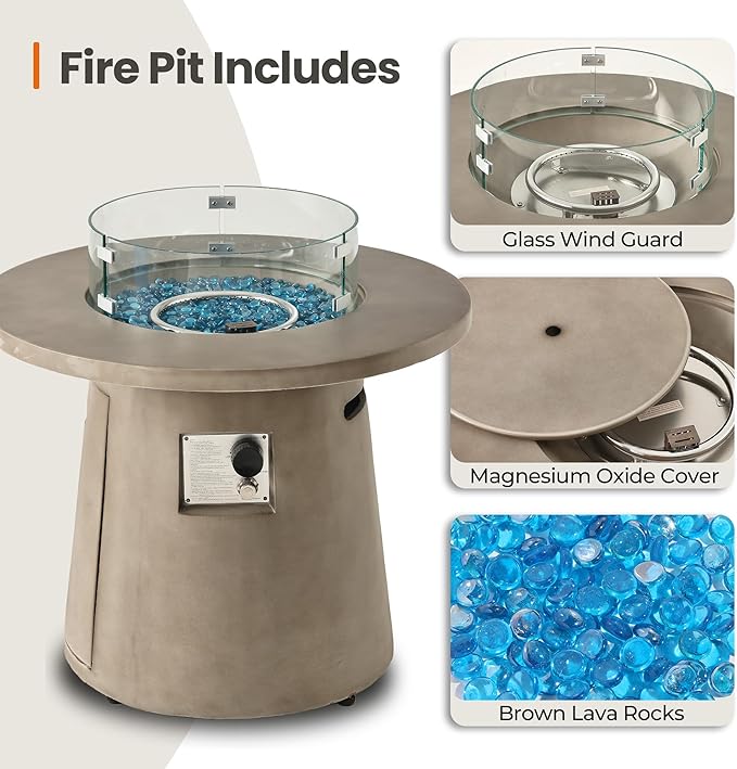 HOMPUS Outdoor Propane Fire Pit, 31-inch Round Gray Propane Fire Pit with 10 lbs Aqua Blue Fire Glass, 40000 BTU Gas Smokeless Fire Pit, Patio Concrete Fire Pit with Lava Rocks and Rain Cover