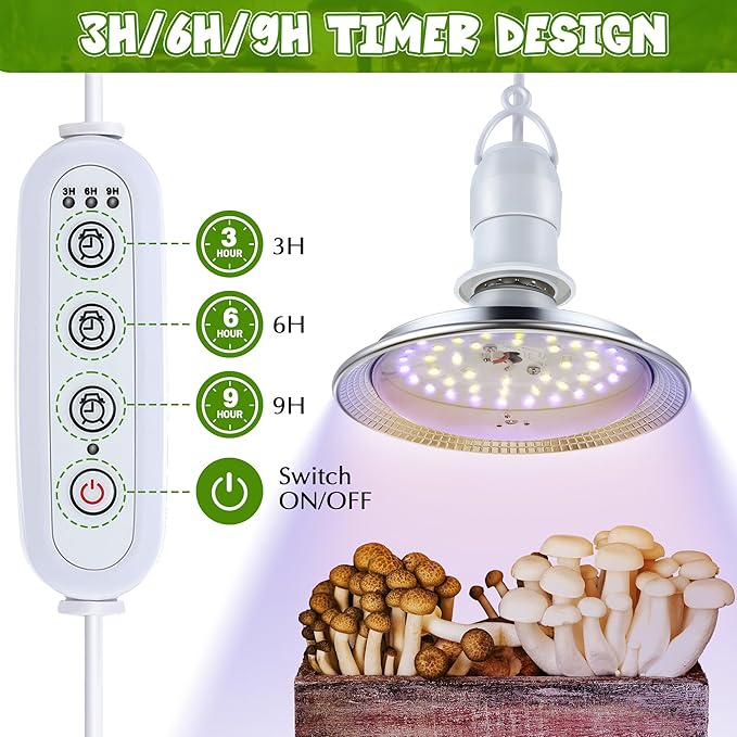 Meonum Mushroom Grow Light with 3/6/9 Hour Timer, 360° LED Hanging Grow Lights Bulb for Mushroom with 6.5ft Extension Cord, 6000K Blue&5000K White Lamp for Indoor Plants Growing Kit Supplies(2 Pack)