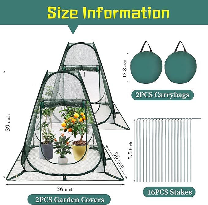 2 Packs Pop up Garden Netting Cover Plant Guard Cover with 16 Stakes Bird Plant Tent Protector for Vegetables Fruits Flowers (2, 36 * 36 * 39 inch)