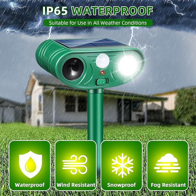 4 Pack Solar Ultrasonic Animal Repellent Outdoor Cat Rabbit Squirrel Dog Deer Repellent Devices Coyote Skunk Raccoon Fox Deterrents Light Animal Repeller with Motion Sensor for Yard Garden