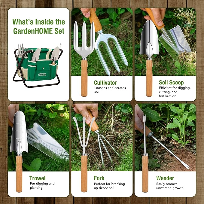GardenHOME 7-Piece Gardening Tool Set – Stainless Steel Hand Tools with Wooden Handles, Folding Stool, and Canvas Tote Bag, Yard Maintenance Kit for Gardeners, Women, and Beginners