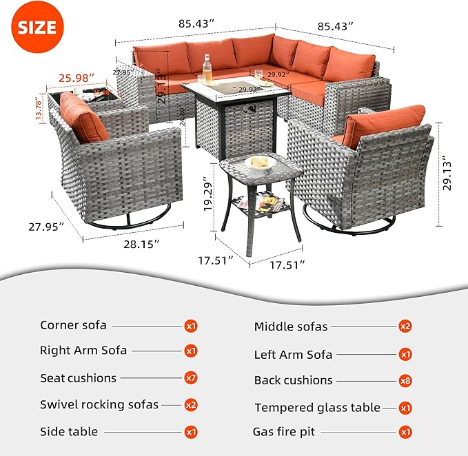 HOOOWOOO 10 Piece Modular Patio Outdoor Sectional Furniture Set with Gas Propane Fire Pit Table,Wicker Conversation Sofa Set with Swivel Chairs,Outside Couch Set(Orange Red)
