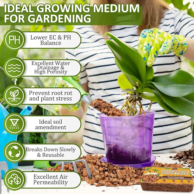 Legigo 1.1 LB Coco Husk Chips for Plants- 100% Organic Coconut Coir Chips Brick with Low EC & PH Balance, Compressed Coconut Substrate Coco Chips Mulch Medium for Garden, Flowers, Plants
