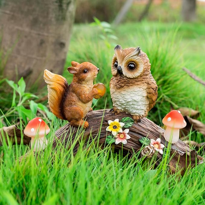 Solar Owl Garden Statues Outdoor Decor Resin Owl Squirrel Figurine with Mushroom Lights for Patio Lawn Yard Decorations Halloween Christmas Housewarming Gardening Gifts for Women Mom