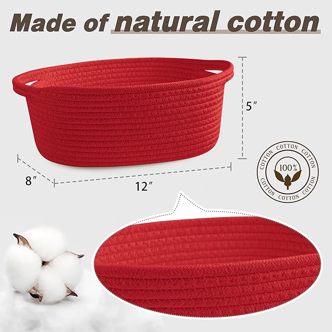 Pro Goleem Small Woven Basket with Gift Bags and Ribbons Durable Baskets for Gifts Empty Small Rope Basket for Storage 12"X 8" X 5" Baby Toy Basket with Handles, Red