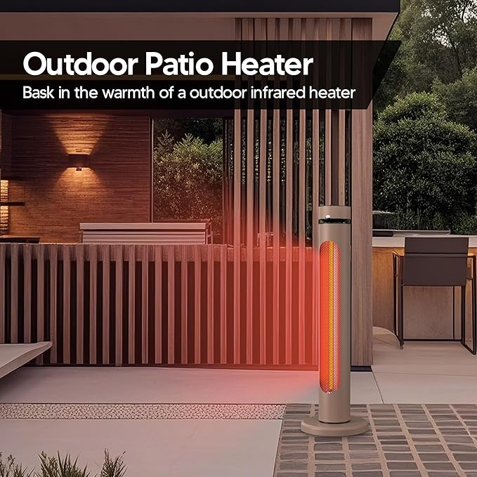 Portable Heater Outdoor Infrared 1500W 8 Heat Levels 8H Timers Carbon Fiber Tube Tip-Over&Overheat Protection IP65 Waterproof Electric Garden Heater, Deep Brown