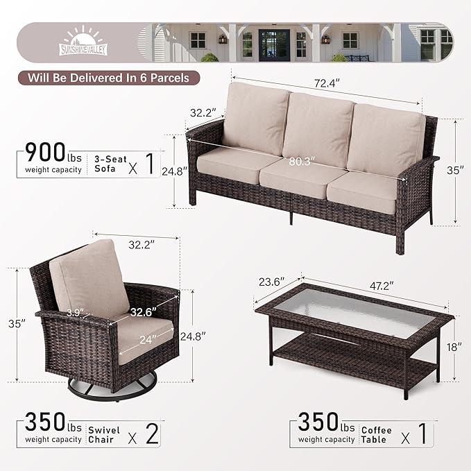 4 Pieces Patio Furniture Set with Swivel Chairs, High Back Wicker Rattan Sofa with Extra Thick Cushion and Coffee Table, Outdoor Conversation Set for Garden Backyard Deck,Beige