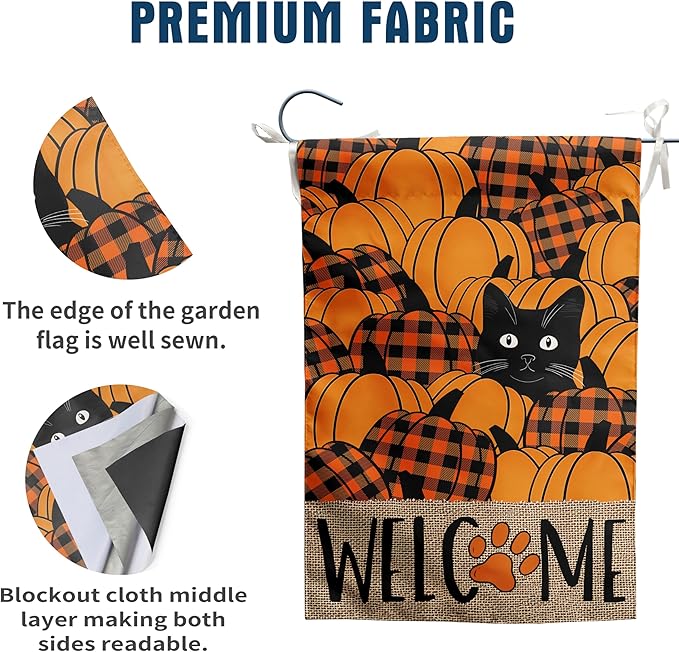 Black Cat Fall Garden Flag Pumpkin Autumn Yard Sign Thanksgiving Outdoor Decorations Porch Farmhouse Halloween Funny Banner for Outside 12x18 Double Sided Small
