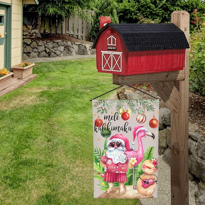 Santa Mele Kalikimaka Flamingo Christmas Hawaii Garden Flag Welcome Party Outdoor Outside Decorations Picks Home House Garden Yard Decor 12x18 Inch