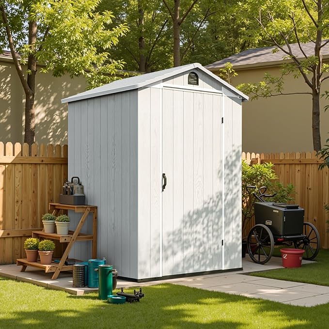 Patiowell 4 x 4 FT Plastic Outdoor Storage Shed with Floor, Garden Tool Shed with Two Windows and Single Lockable Door for Garden, Backyard, Lawn, Easy to Install (Light Gray)