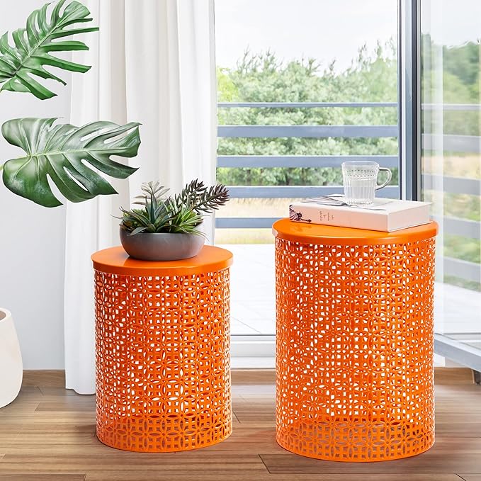 Glitzhome Outdoor Side Table Set of 2, Decorative Garden Stool for Indoor Outdoor Heavy Duty Metal Frame Accent Table Modern End Table, Glossy Orange