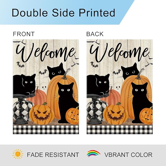 DLZDN Welcome Halloween Cat Garden Flag Black Cat Pumpkins Flag 12×18 Inch Double Side Vertical Burlap Farmhouse Yard Sign Holiday Seasonal Outdoor House Decoration