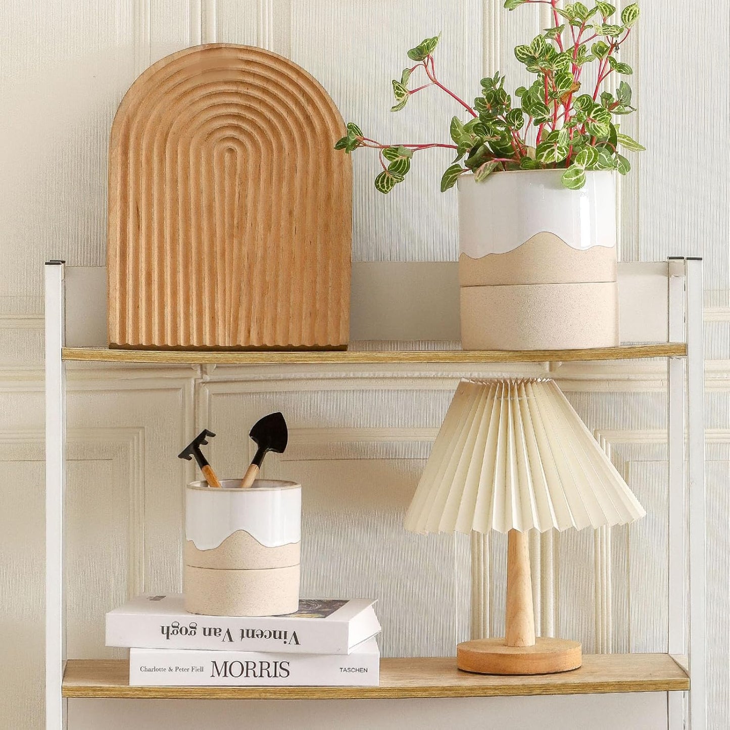 Nihow Self Watering Plant Pot: 4.5 Inch Ceramic Planter with Drainage Hole & Water Storage Plus for Indoor & Outdoor Plants - Cylinder Flower Pot for Herbs/Violets - White & Nature