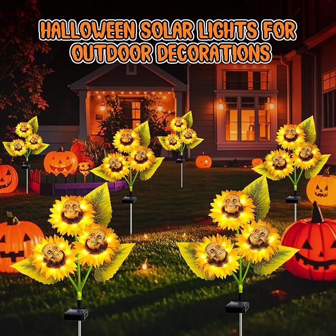 Halloween Decorations Outdoor, 3 Pack Solar Scary Skull Sunflowers Lights,Waterproof Solar Flowers Lights Garden Decor for Halloween Yard Patio Lawn Party Decor
