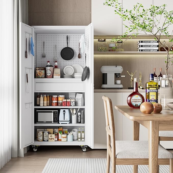 71" H Metal Garage Storage Cabinet with Wheels and Doors,Rolling Tool Cabinet with Pegboard,Rod and Drawer for Garage Warehouse Home,Required Assembly,White