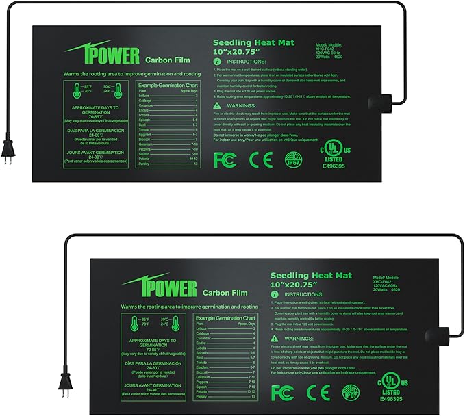 iPower GLHTMTPROSX2 10" x 20.75" Seedling Heat Mat 2-Pack Upgraded Carbon Film Durable Waterproof Indoor Warm Hydroponic Plant Germination Starting Pad, Black