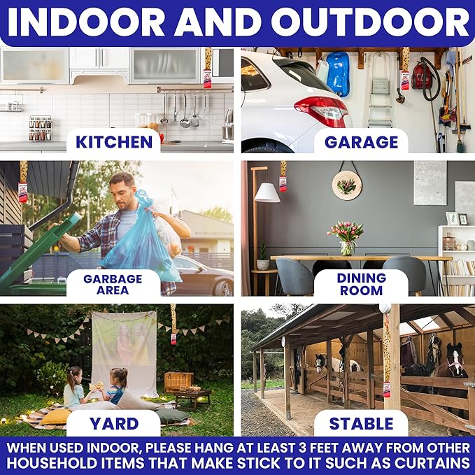 Fly Strips Indoor Sticky Hanging 48pk with Pins. Non Toxic Outdoor Fly Trap Indoor for Home. Flies Tape Paper Trap Ribbon Roll for House Gnat Fruit and Housefly. Bug Catchers for Inside Home Flypaper