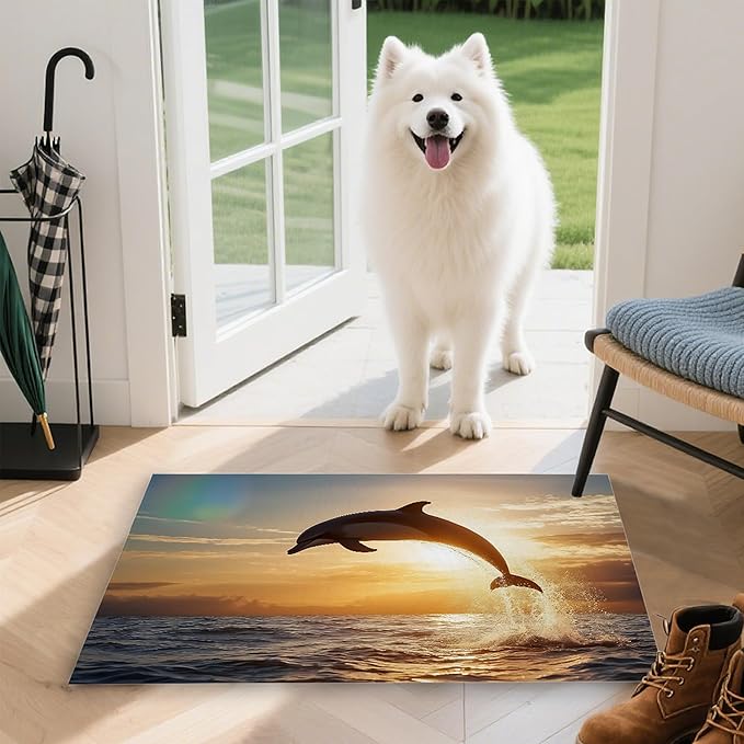 Welcome Mat Indoor,Jumping Dolphin Front Door Mat,Sea Sunset Entryway Rug for Porch Patio Non-Slip Outdoor Entry Doormat for Back Door Outside Entrance Hallways,30 x 17 Inch