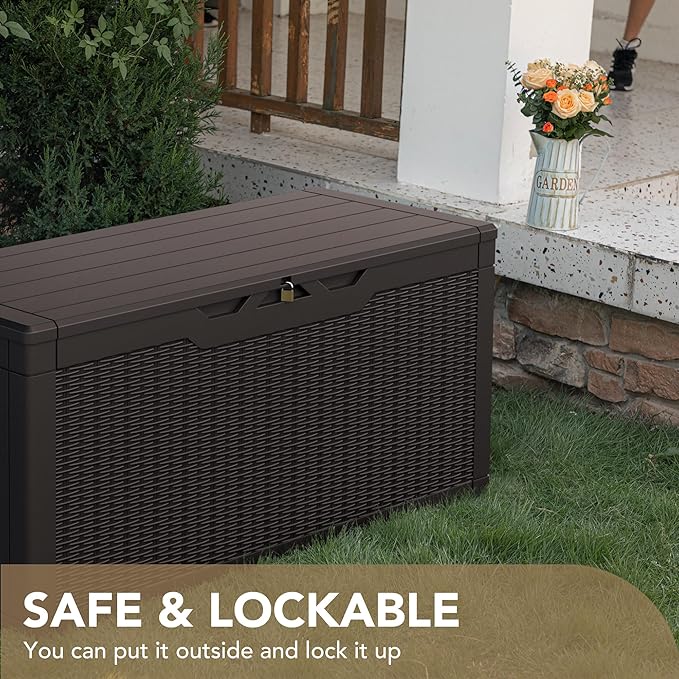 Devoko 100 Gallon Waterproof Large Resin Deck Box Indoor Outdoor Lockable Storage Container for Patio Furniture Cushions Garden Tools (100 Gallon, Dark Brown)