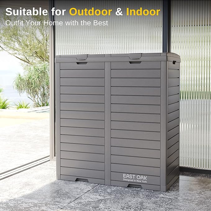 EAST OAK 76 Gallon Outdoor Trash Can | Waterproof Resin Garbage Can with Tiered Lid & Drip Tray | Outside Trash Bin for Patio | Kitchen, Backyard & Deck | Gray Color