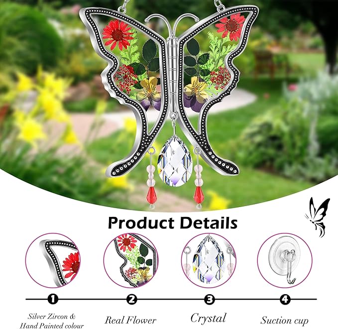 KY&BOSAM Gifts for Mom Crystal Butterfy Suncatcher Stained Glass Butterfly Suncatchers for Windows with Pressed Real Flowers Heart Charm Engraved with Crystal Mother`s Day Birthday
