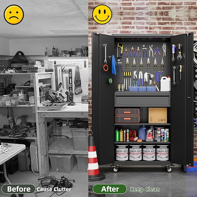 71" H Garage Storage Cabinet with Wheels and Doors,Metal Tool Storage Cabinet with Pegboard and Drawer for Garage Warehouse Home,Required Assembly,Black