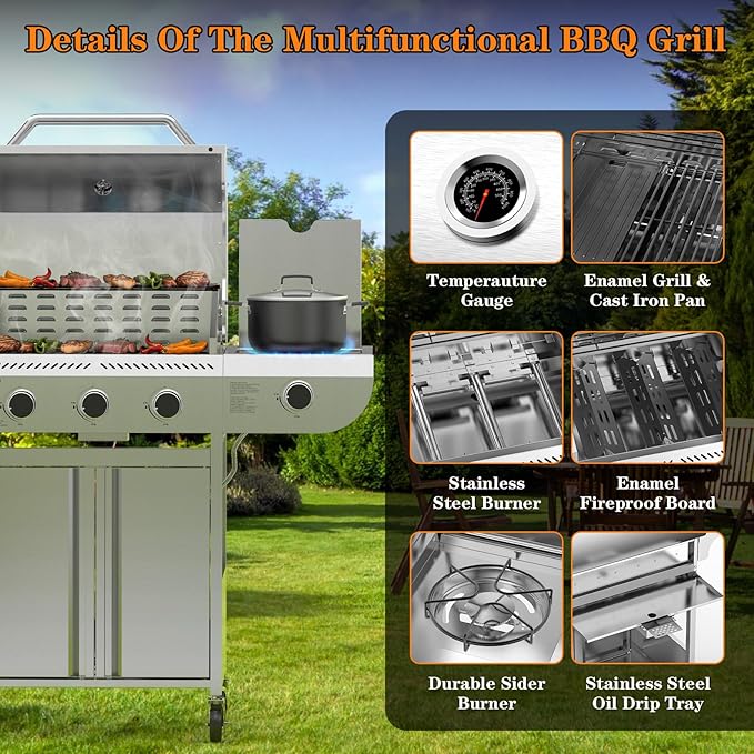 G31Pro Gas Grill,Heavy-Duty Stainless Steel Propane Gas Grill.3 Burner Gas Grill with Side Burner,34000 BTU BBQ Grill for Outdoor Cooking,Barbecue,Garden and Patio Backyard