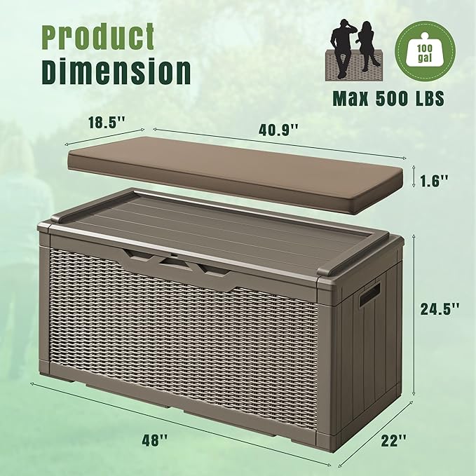 Greesum 100 Gallon Resin Deck Box Large Outdoor Storage with Cushions for Patio Furniture, Garden Tools, Pool Supplies, Weatherproof and UV Resistant, Lockable, Light Coffee