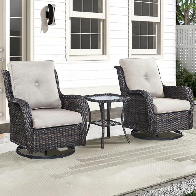 Patio Wicker Chairs Swivel Rocker,3 Pieces Patio Furniture Set with 360 Degree Wicker Swivel Rocking Chairs and Side Table for Garden,Porch,Backyard