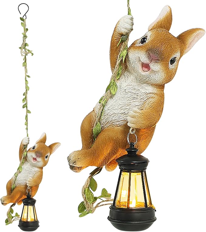 Joliyoou Solar Light Outdoor Statues, 6.9" H Resin Rabbit Climbing On A 23.6" L Vine with LED Lantern, Waterproof Hanging Bunny Figurine with Hook for Easter Yard Garden Wall Balcony Tree Decoration